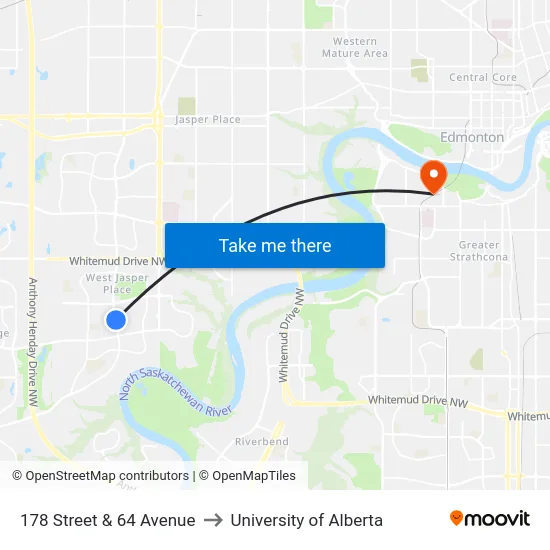 178 Street & 64 Avenue to University of Alberta map