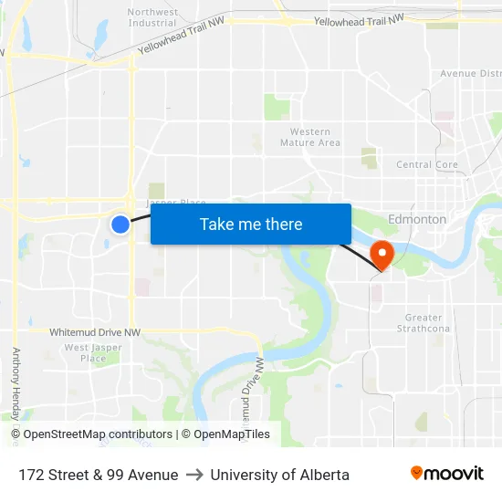 172 Street & 99 Avenue to University of Alberta map