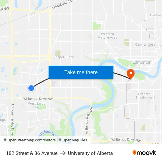 182 Street & 86 Avenue to University of Alberta map