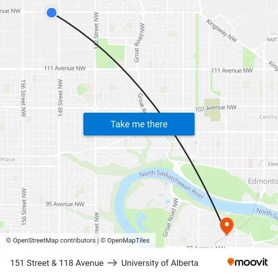 151 Street & 118 Avenue to University of Alberta map