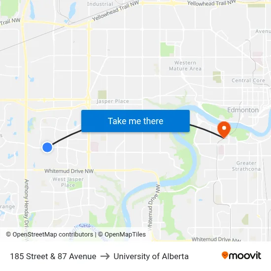 185 Street & 87 Avenue to University of Alberta map