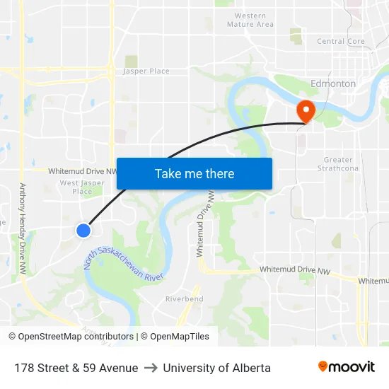 178 Street & 59 Avenue to University of Alberta map