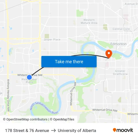 178 Street & 76 Avenue to University of Alberta map