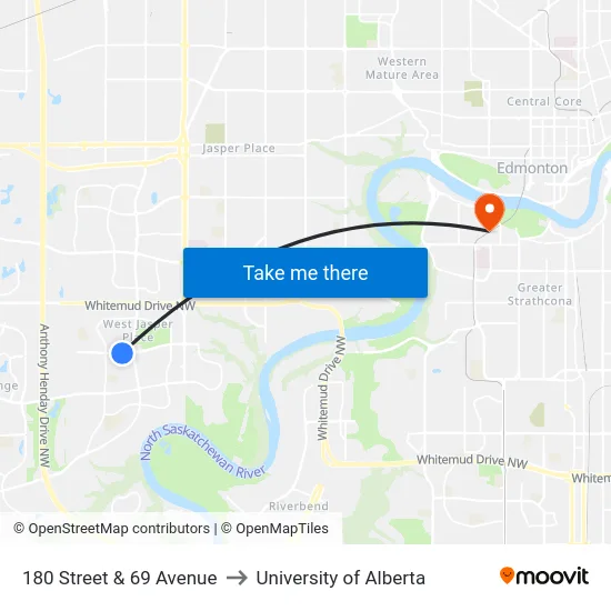 180 Street & 69 Avenue to University of Alberta map