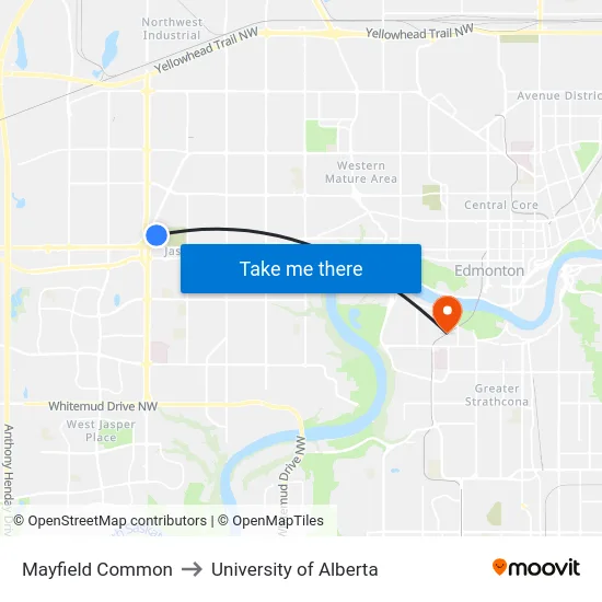 Mayfield Common to University of Alberta map