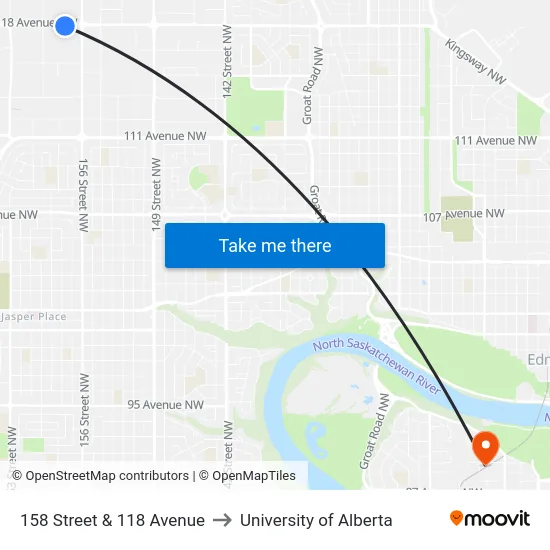 158 Street & 118 Avenue to University of Alberta map