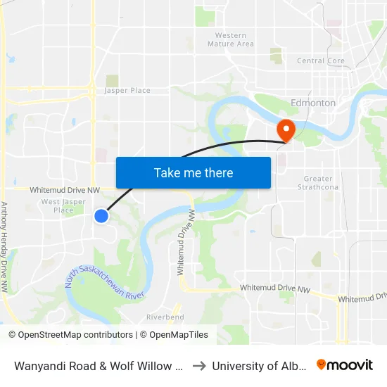 Wanyandi Road & Wolf Willow Road to University of Alberta map