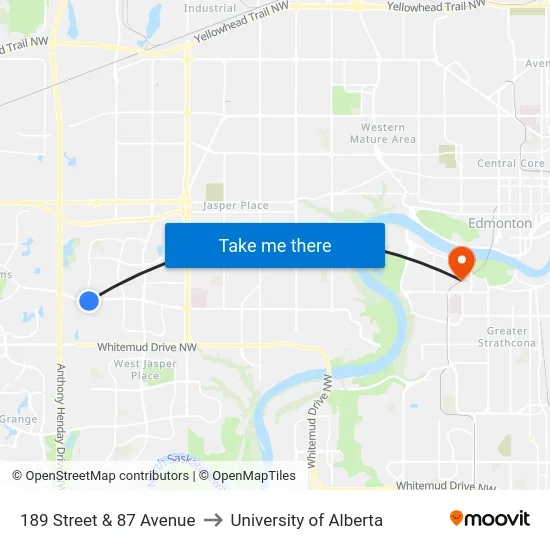 189 Street & 87 Avenue to University of Alberta map