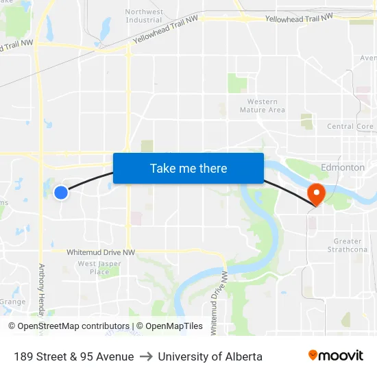 189 Street & 95 Avenue to University of Alberta map