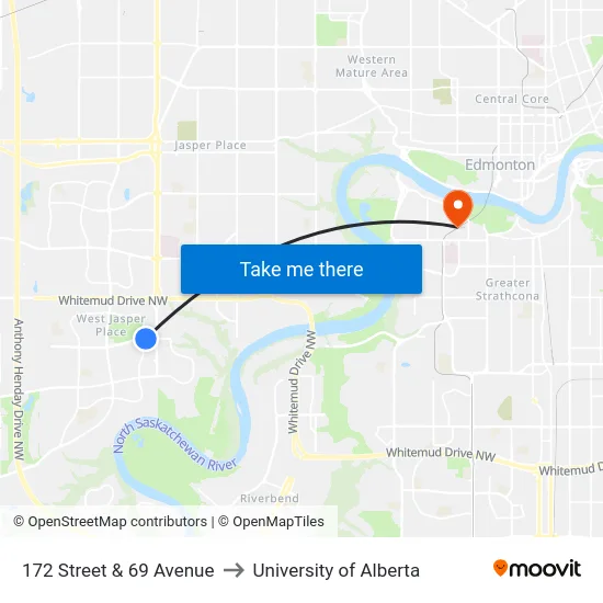 172 Street & 69 Avenue to University of Alberta map