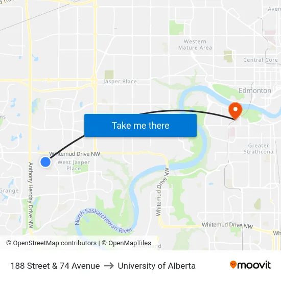 188 Street & 74 Avenue to University of Alberta map