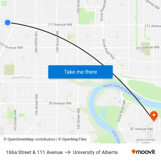 166a Street & 111 Avenue to University of Alberta map