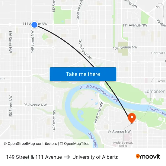 149 Street & 111 Avenue to University of Alberta map