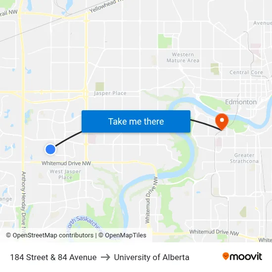 184 Street & 84 Avenue to University of Alberta map