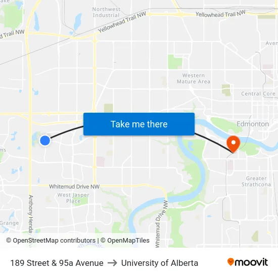 189 Street & 95a Avenue to University of Alberta map