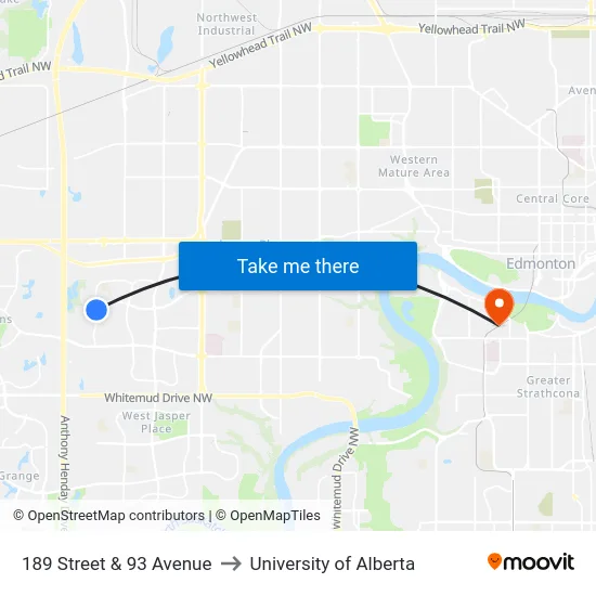 189 Street & 93 Avenue to University of Alberta map