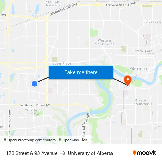178 Street & 93 Avenue to University of Alberta map
