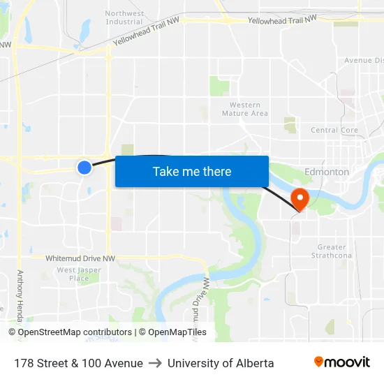 178 Street & 100 Avenue to University of Alberta map