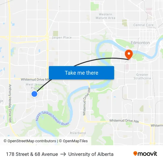 178 Street & 68 Avenue to University of Alberta map