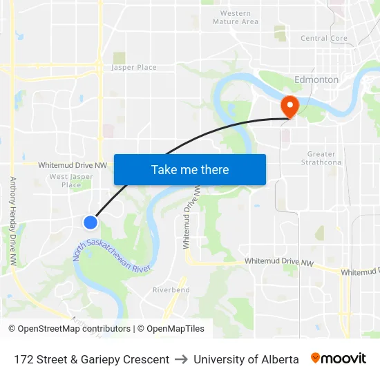 172 Street & Gariepy Crescent to University of Alberta map