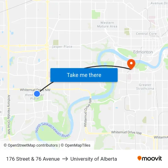 176 Street & 76 Avenue to University of Alberta map