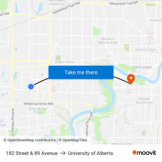 182 Street & 89 Avenue to University of Alberta map