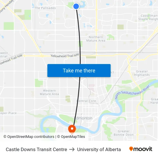 Castle Downs Transit Centre to University of Alberta map