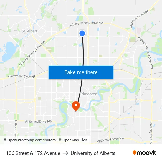 106 Street & 172 Avenue to University of Alberta map