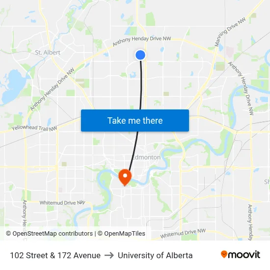 102 Street & 172 Avenue to University of Alberta map