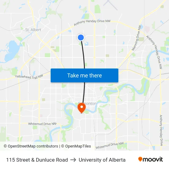115 Street & Dunluce Road to University of Alberta map