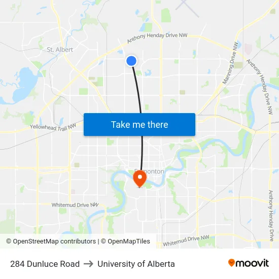 284 Dunluce Road to University of Alberta map