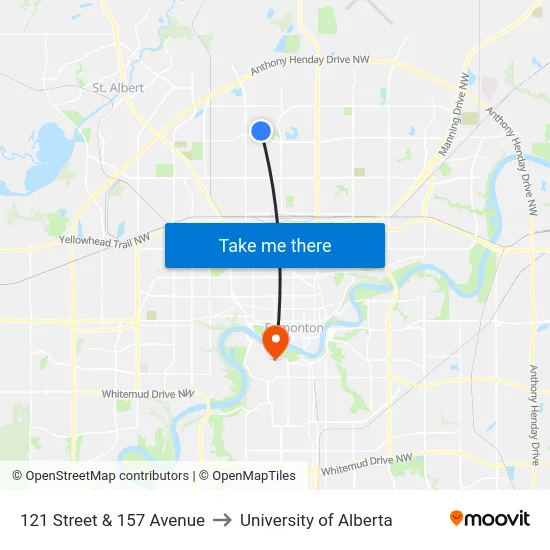 121 Street & 157 Avenue to University of Alberta map