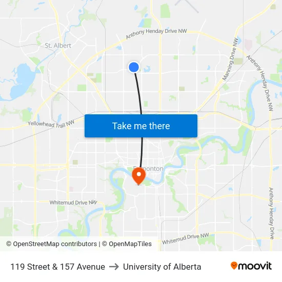 119 Street & 157 Avenue to University of Alberta map