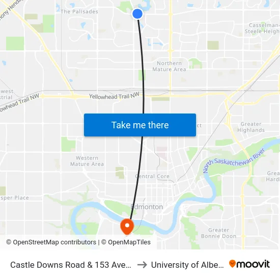 Castle Downs Road & 153 Avenue to University of Alberta map