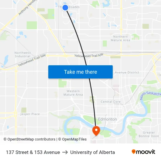 137 Street & 153 Avenue to University of Alberta map