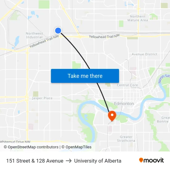 151 Street & 128 Avenue to University of Alberta map
