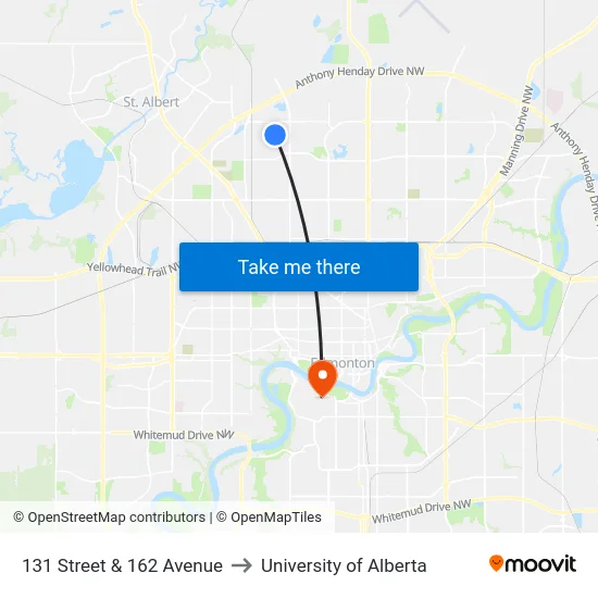 131 Street & 162 Avenue to University of Alberta map