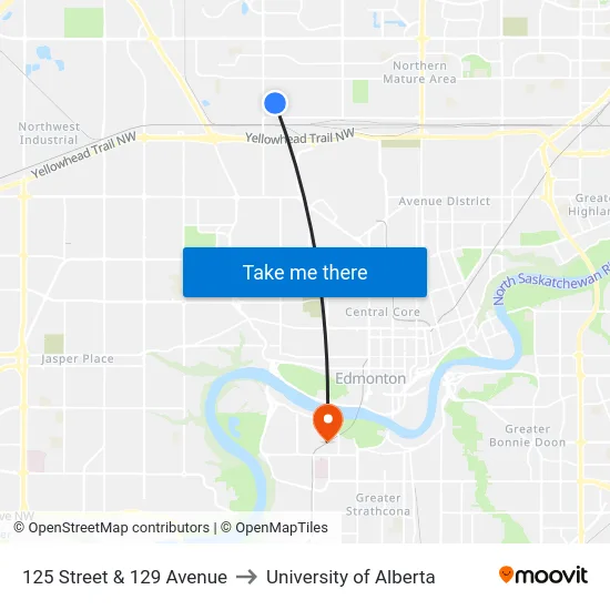 125 Street & 129 Avenue to University of Alberta map