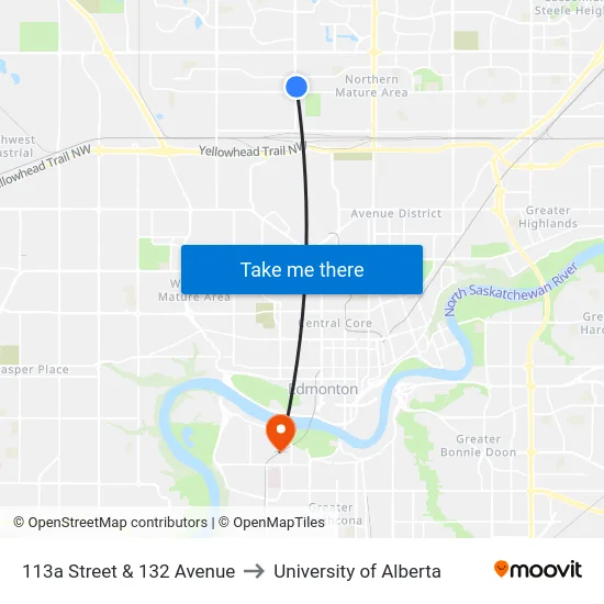 113a Street & 132 Avenue to University of Alberta map