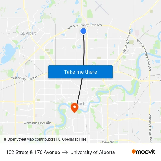102 Street & 176 Avenue to University of Alberta map