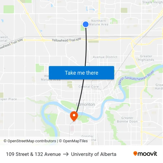 109 Street & 132 Avenue to University of Alberta map