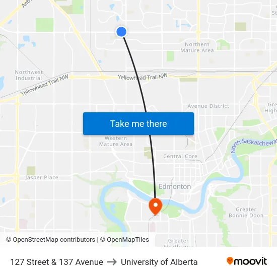 127 Street & 137 Avenue to University of Alberta map