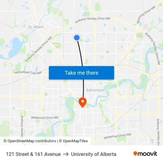 121 Street & 161 Avenue to University of Alberta map