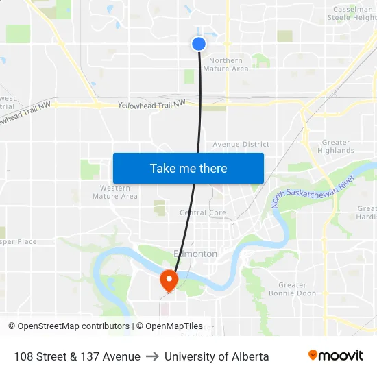 108 Street & 137 Avenue to University of Alberta map