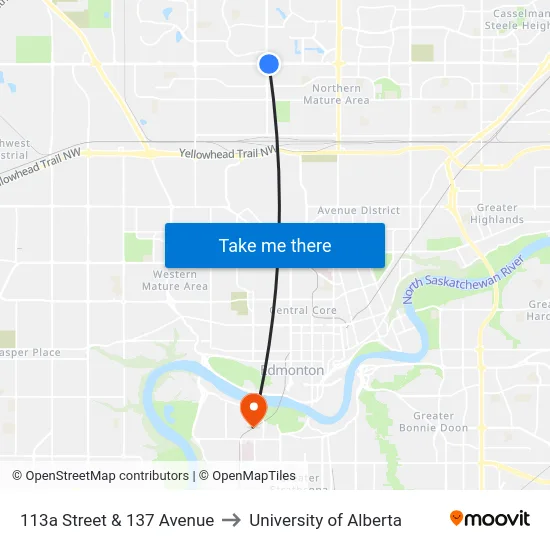 113a Street & 137 Avenue to University of Alberta map