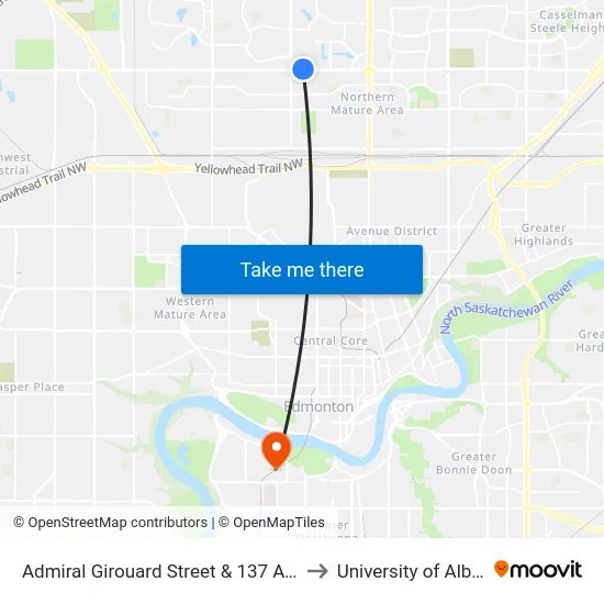 Admiral Girouard Street & 137 Avenue to University of Alberta map