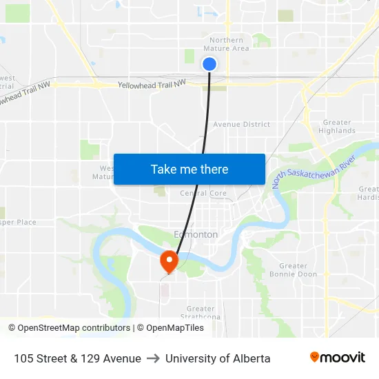 105 Street & 129 Avenue to University of Alberta map