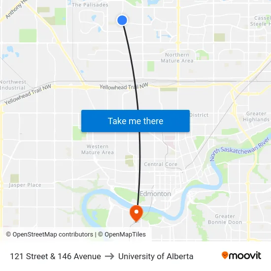 121 Street & 146 Avenue to University of Alberta map