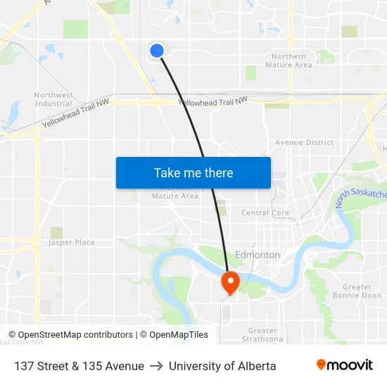 137 Street & 135 Avenue to University of Alberta map
