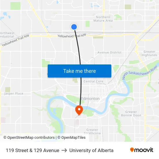 119 Street & 129 Avenue to University of Alberta map